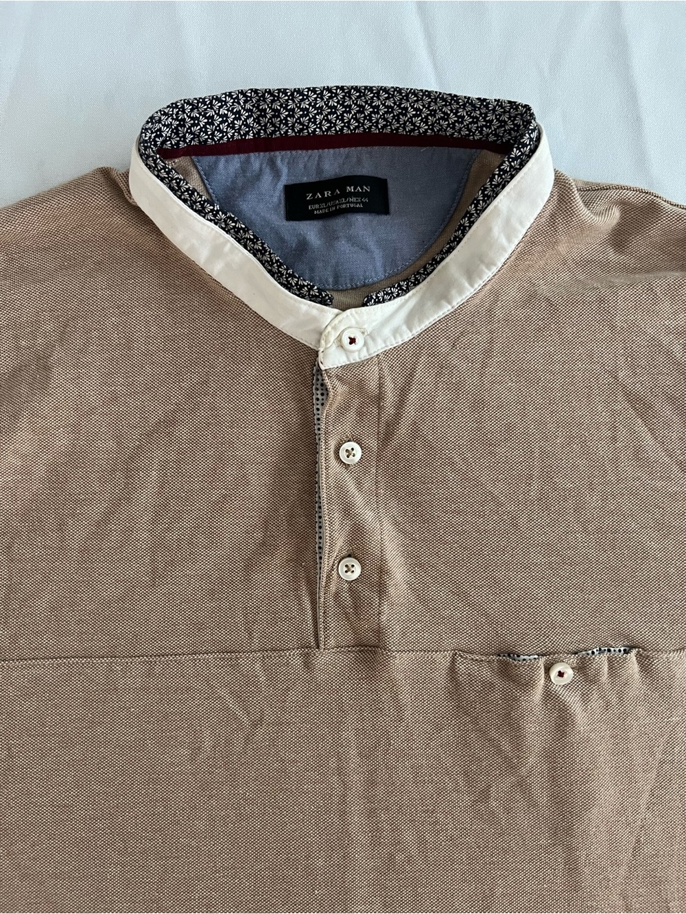 Zara Tan Henley Polo with Contrast White Collar and Patterned Trim